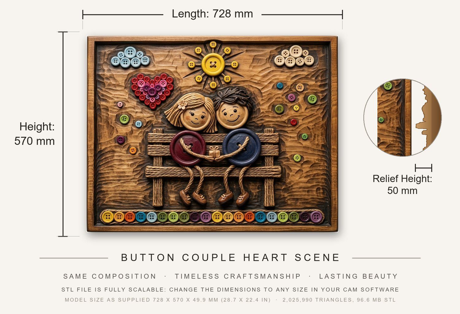 Button Couple Heart Scene CNC Relief STL bas-relief STL — view 3