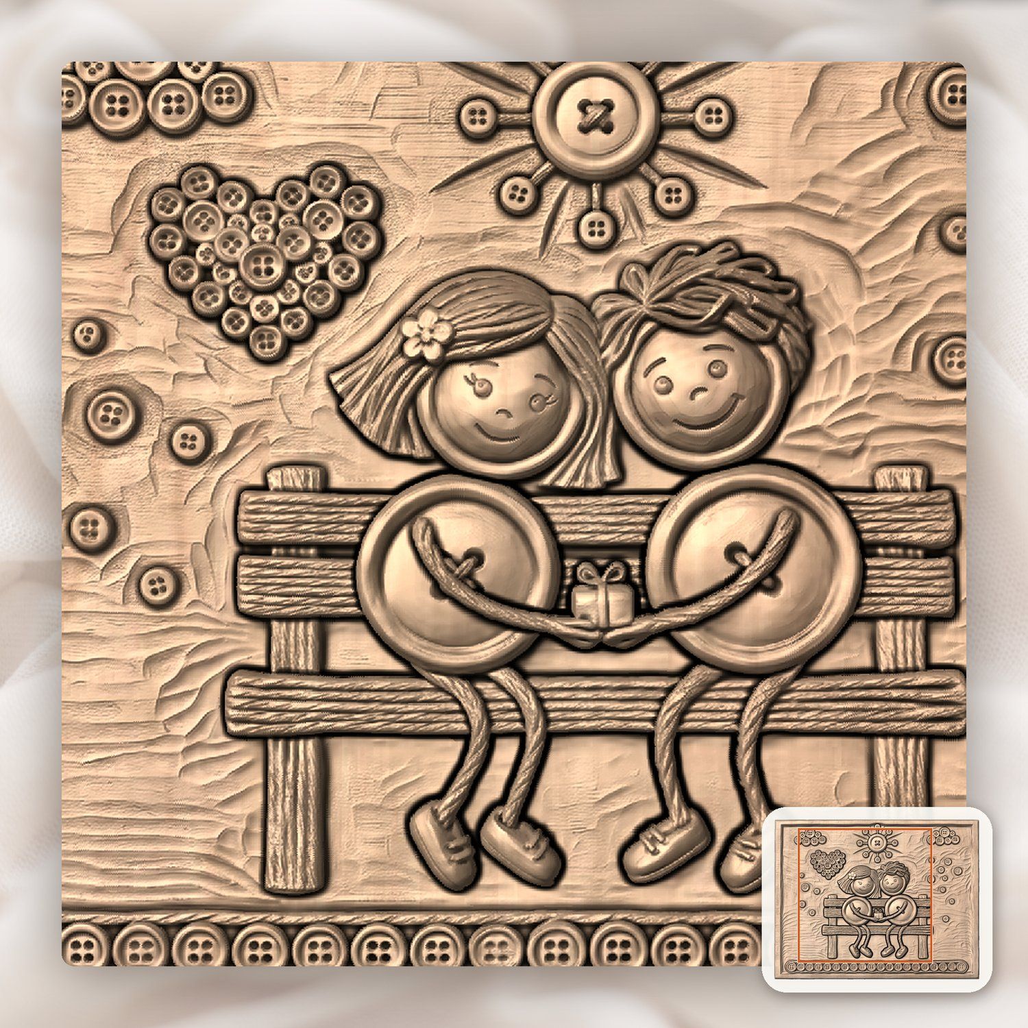 Button Couple Heart Scene CNC Relief STL bas-relief STL — view 6