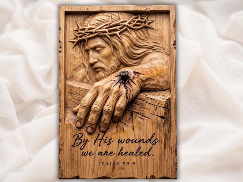 Carved wood relief of Jesus with crown of thorns, nailed hand on the cross, and Isaiah 53:5 verse.