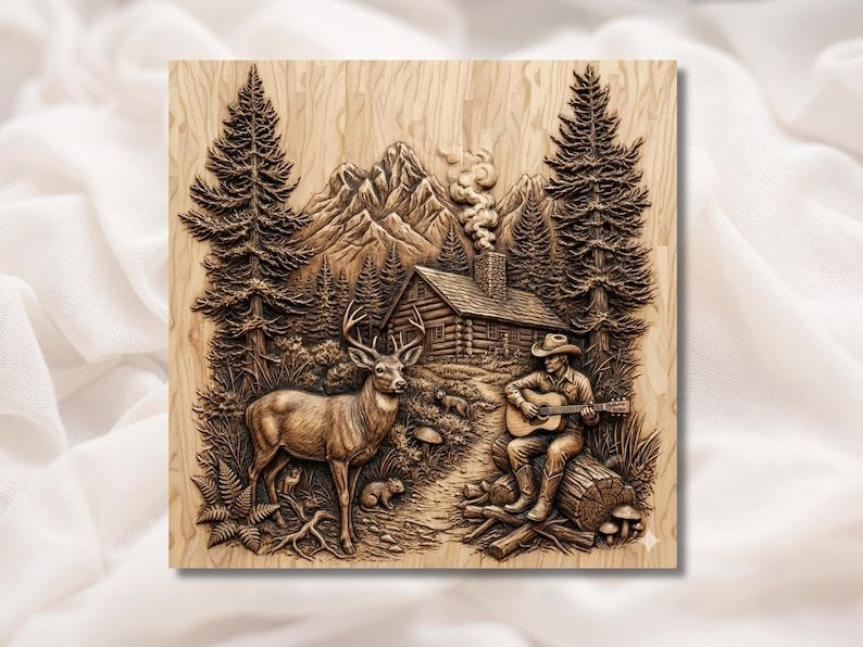 Carved relief of a log cabin, mountains, pine forest, a deer, and a cowboy playing guitar on a log.
