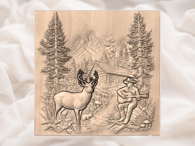 Mountain Cabin Scene with Deer and Cowboy Guitarist Relief STL bas-relief STL — view 2