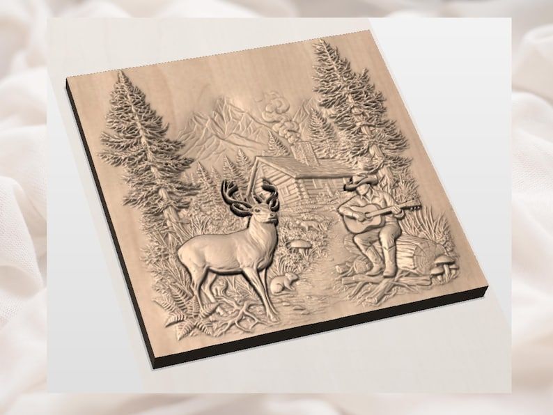 Mountain Cabin Scene with Deer and Cowboy Guitarist Relief STL bas-relief STL — view 3