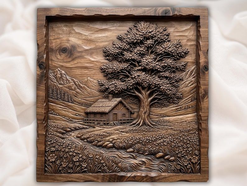 Carved wood relief of a log cabin under a large oak tree with a creek, wildflowers, and mountains