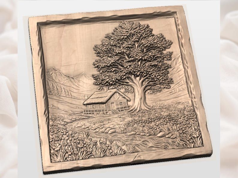 Cabin and Old Oak by the Creek Landscape Relief STL bas-relief STL — view 2