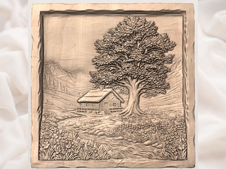 Cabin and Old Oak by the Creek Landscape Relief STL bas-relief STL — view 3