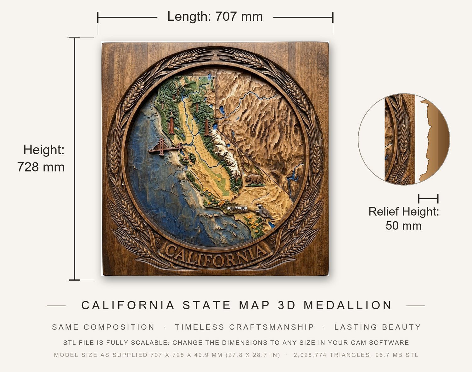 California State Map 3D Medallion CNC Relief STL bas-relief STL — view 3