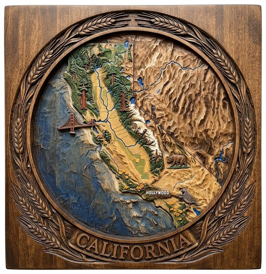 California State Map 3D Medallion CNC Relief STL bas-relief STL — view 4