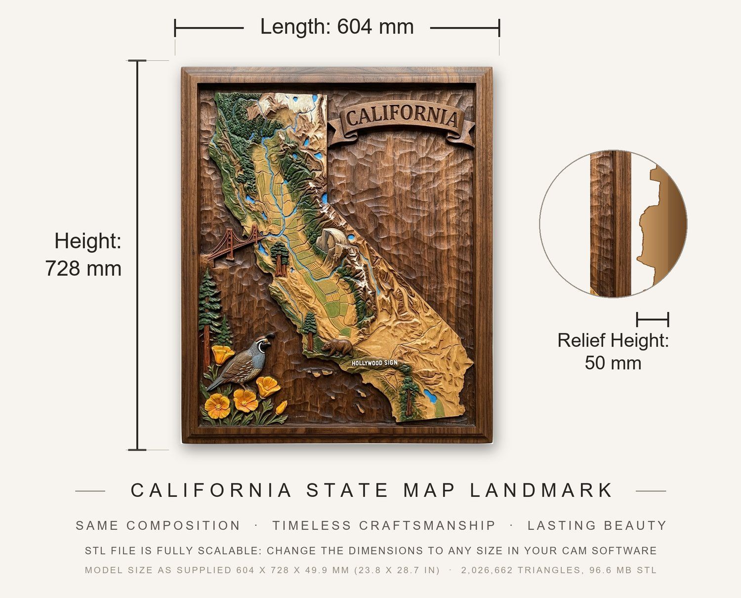 California State Map Landmark CNC Relief STL bas-relief STL — view 3