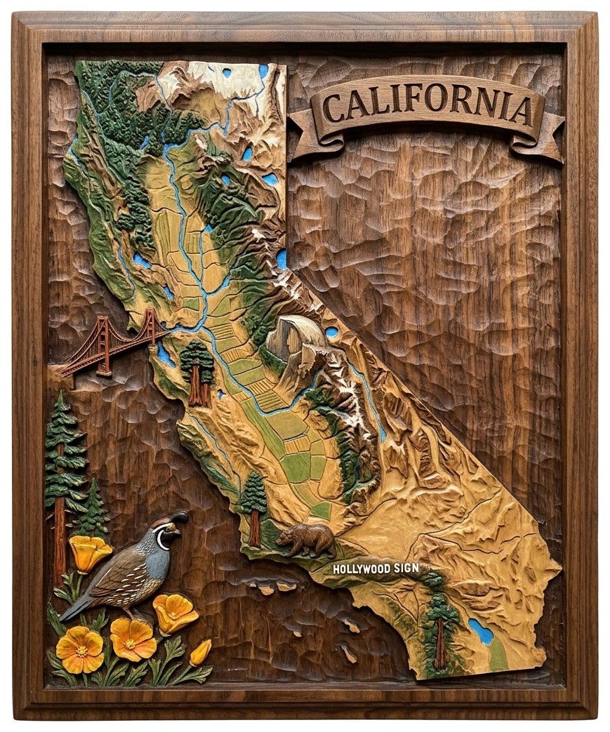 California State Map Landmark CNC Relief STL bas-relief STL — view 4