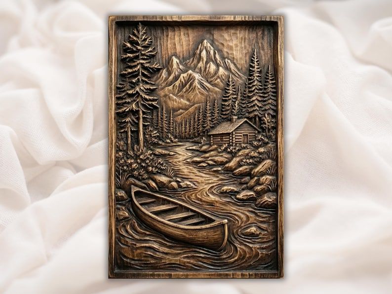 Bas-relief wood carving of a canoe on a mountain river beside a log cabin with pine trees and a peak