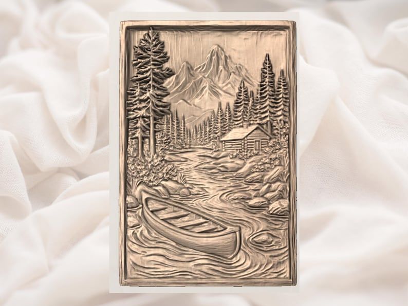 Canoe on a Mountain River Cabin Scene Bas-Relief STL bas-relief STL — view 2