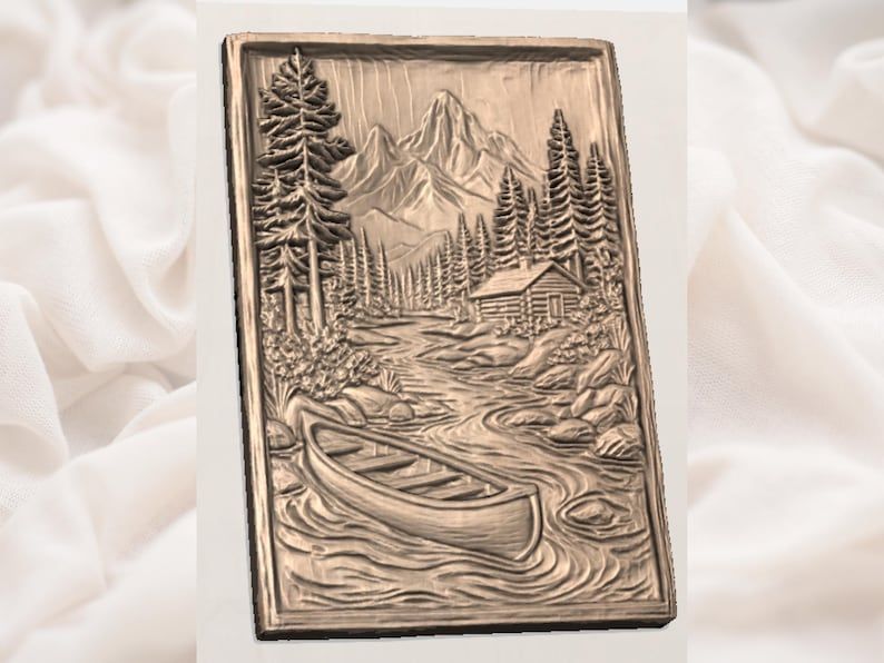 Canoe on a Mountain River Cabin Scene Bas-Relief STL bas-relief STL — view 3