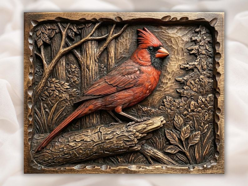 Bas-relief wood carving of a red northern cardinal perched on a log in a forest scene with trees and ferns