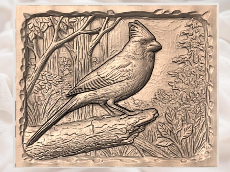 Northern Cardinal on a Log Bas-Relief STL for CNC Carving bas-relief STL — view 2