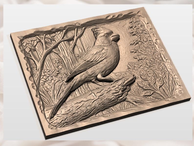 Northern Cardinal on a Log Bas-Relief STL for CNC Carving bas-relief STL — view 3