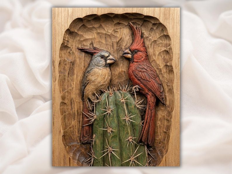 Bas-relief wood carving of a red male and tan female cardinal perched on a green cactus.