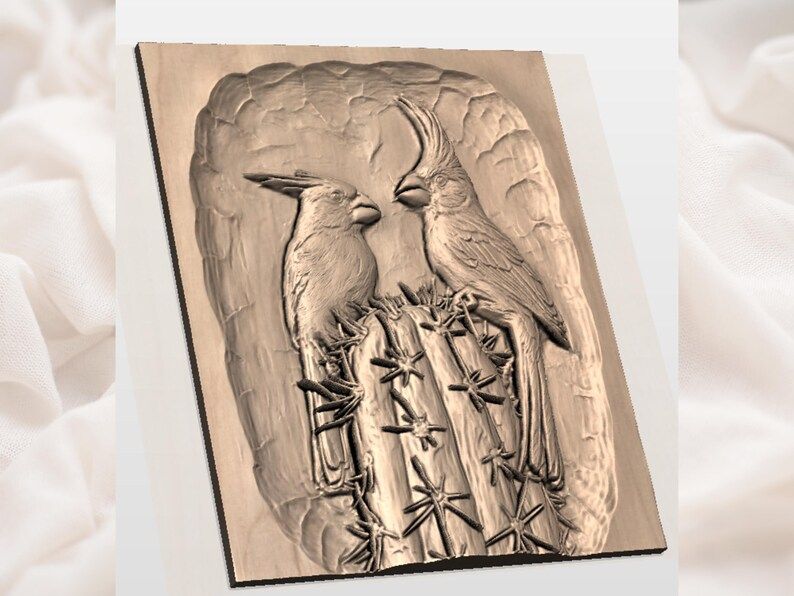 Two Cardinals on a Cactus Bas-Relief STL Carving bas-relief STL — view 2