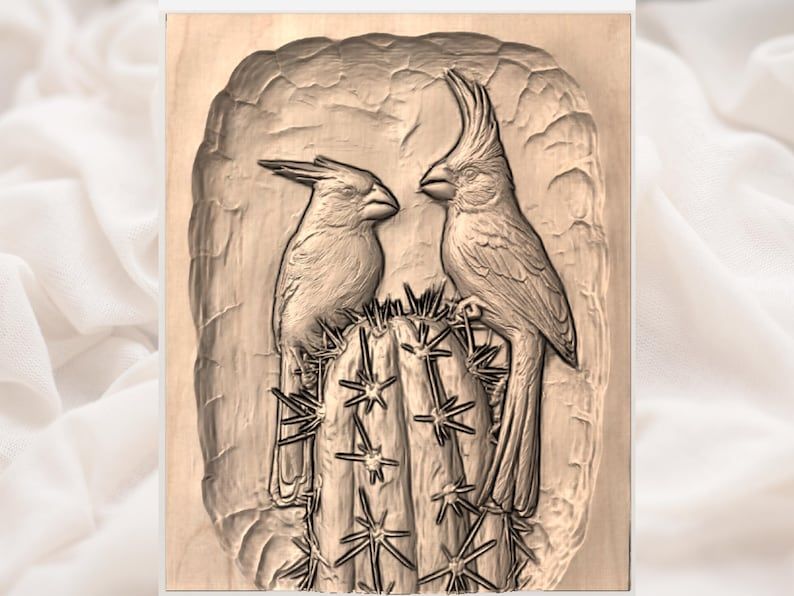 Two Cardinals on a Cactus Bas-Relief STL Carving bas-relief STL — view 3