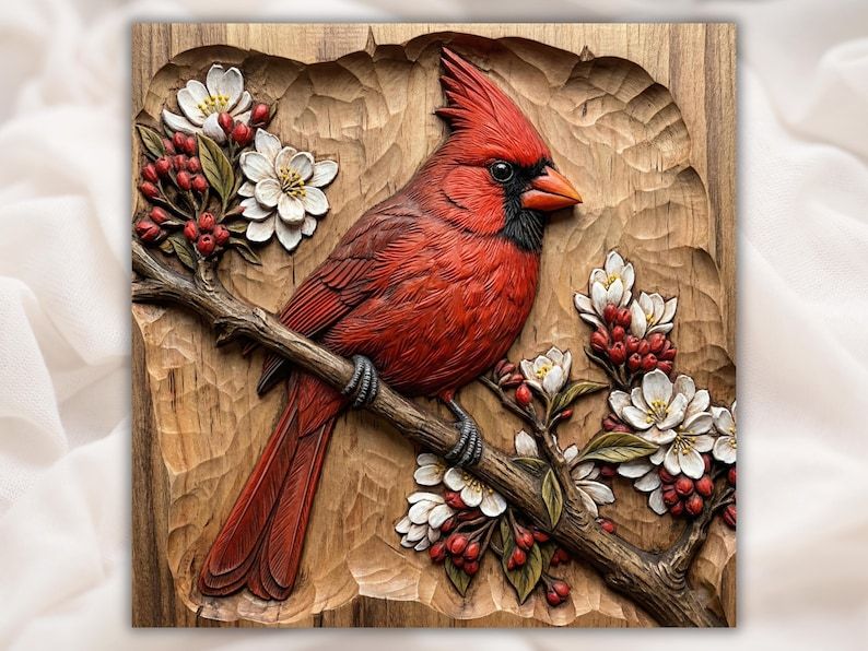 Bas-relief carving of a red northern cardinal perched on a branch with white blossoms and red berries