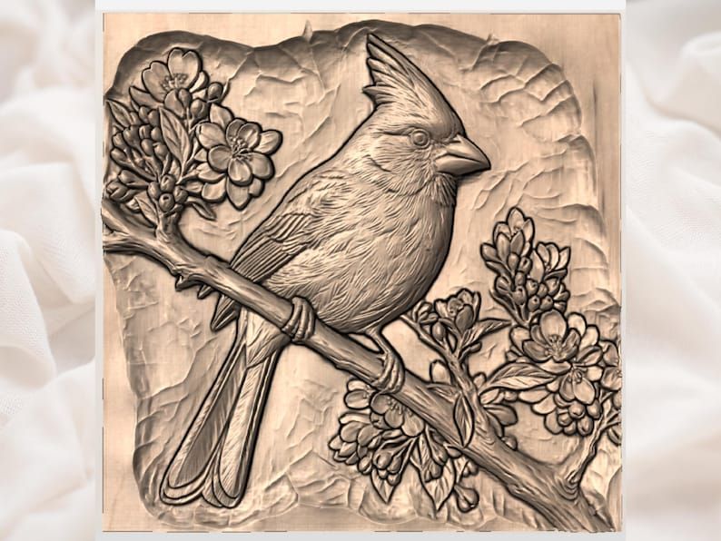 Northern Cardinal on a Blossom Branch Bas-Relief STL bas-relief STL — view 2