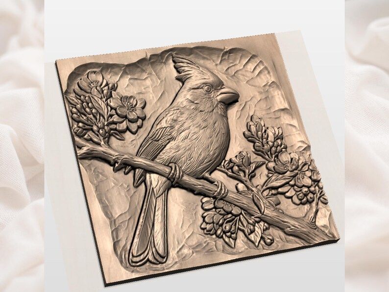 Northern Cardinal on a Blossom Branch Bas-Relief STL bas-relief STL — view 3