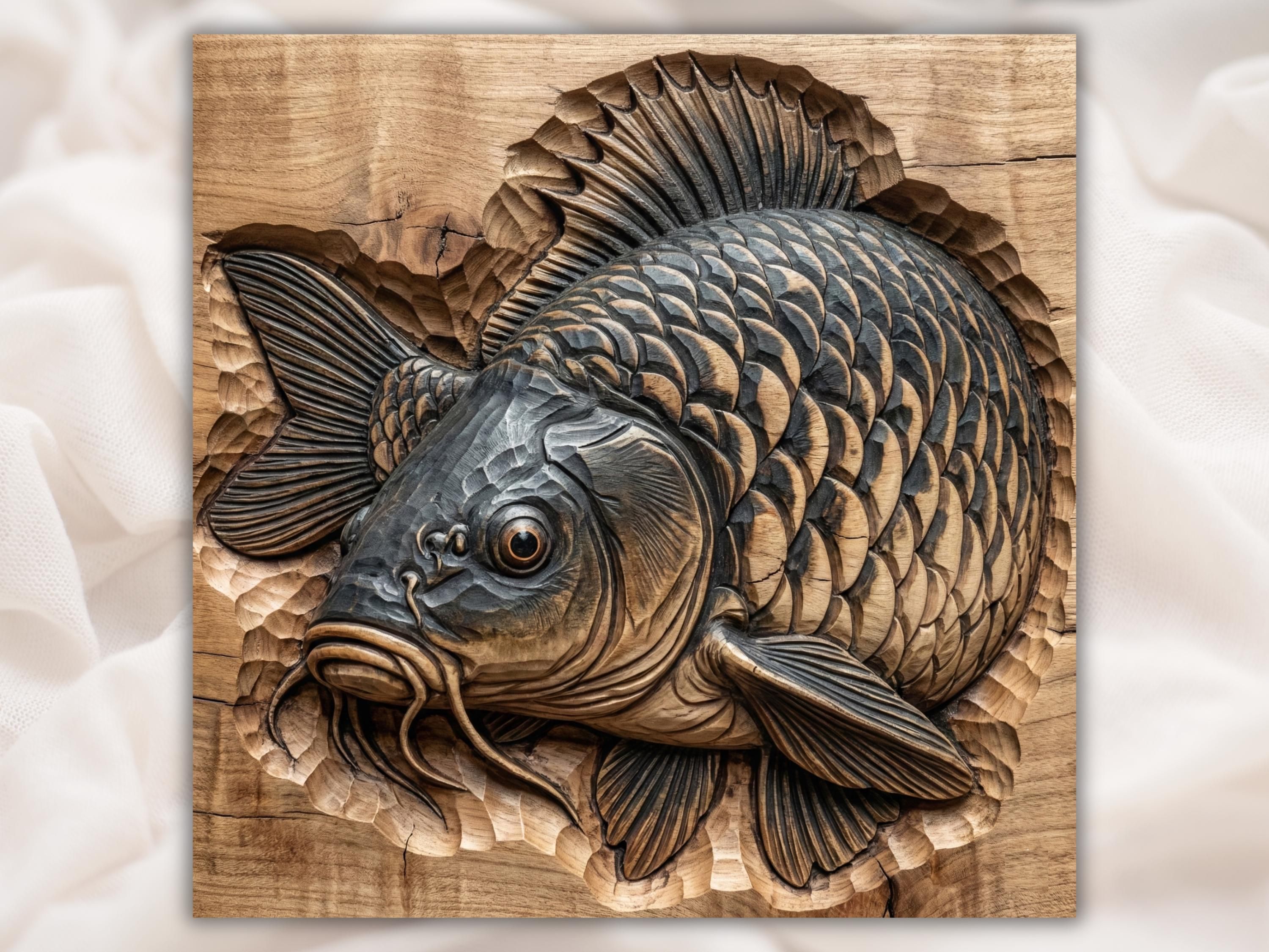 Bas-relief wood carving of a carp fish with layered scales, tall dorsal fin and round eye