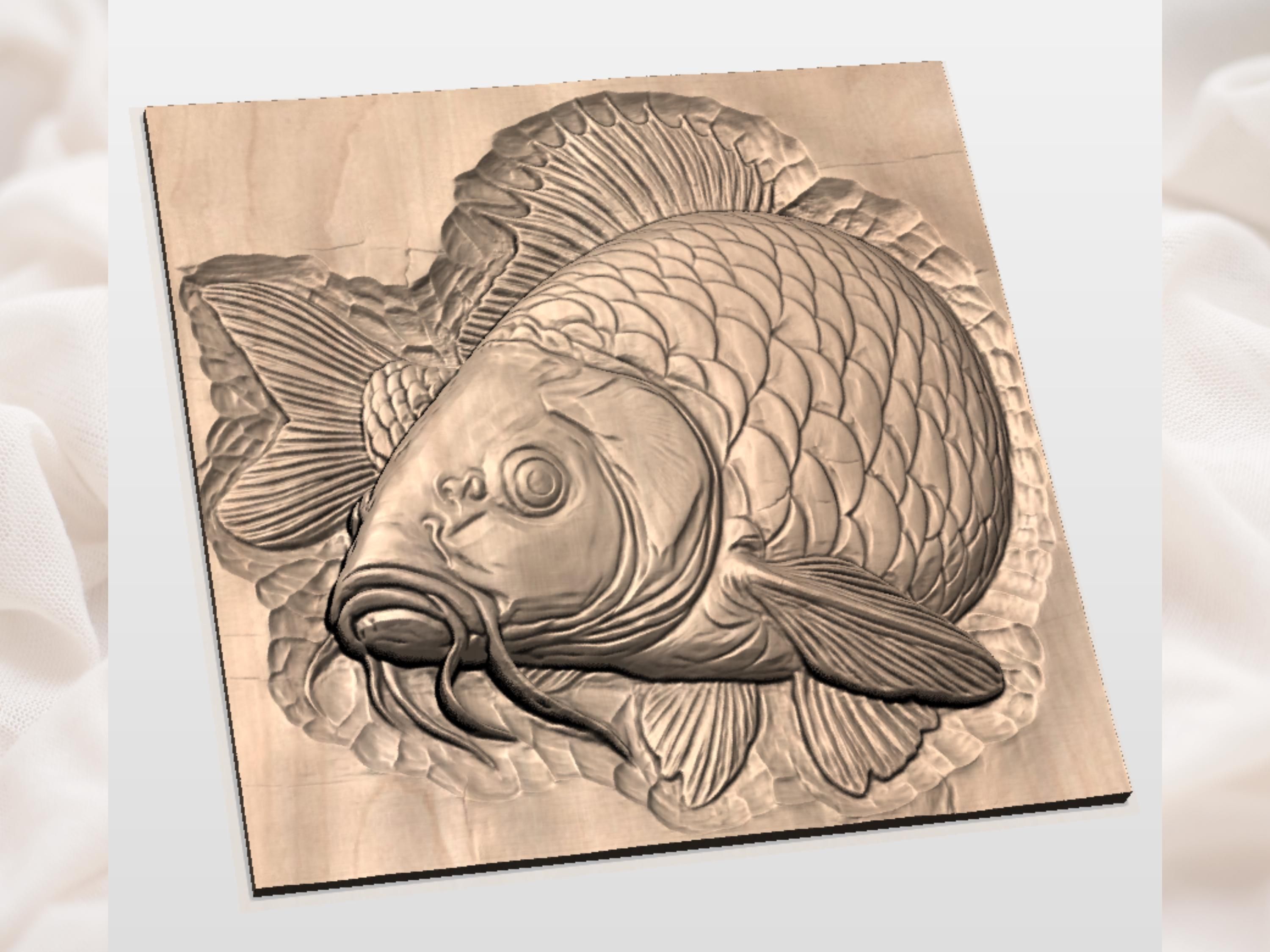 Scaled Carp Fish Bas-Relief STL for CNC, Laser and 3D Print bas-relief STL — view 2