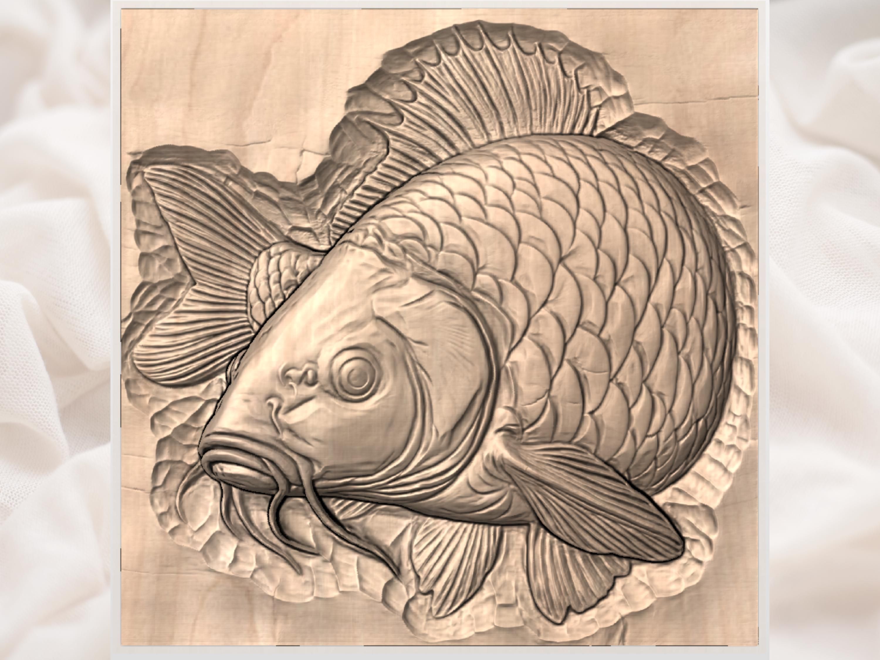 Scaled Carp Fish Bas-Relief STL for CNC, Laser and 3D Print bas-relief STL — view 3