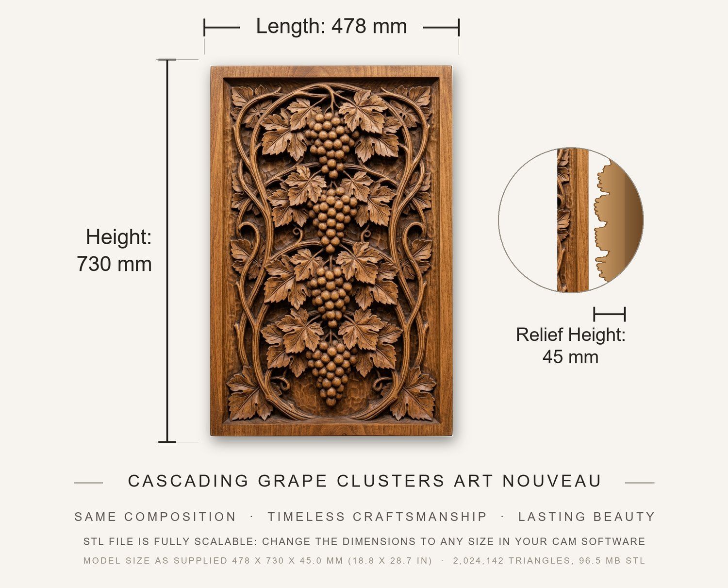 Cascading Grape Clusters Art Nouveau CNC Relief STL bas-relief STL — view 12