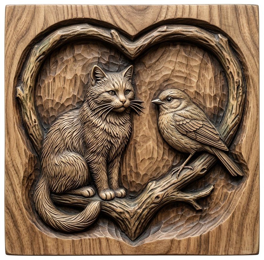 Cat and Bird Heart Nature Scene CNC Relief STL | Wildlife Wood Carving Design | Rustic Animal Wall Art Panel — carved bas relief STL file for CNC