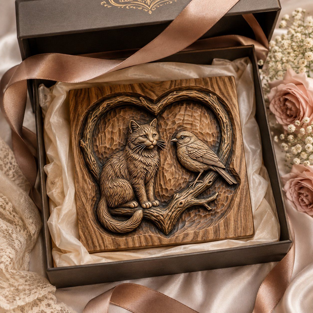 Cat and Bird Heart Nature Scene CNC Relief STL bas-relief STL — view 10
