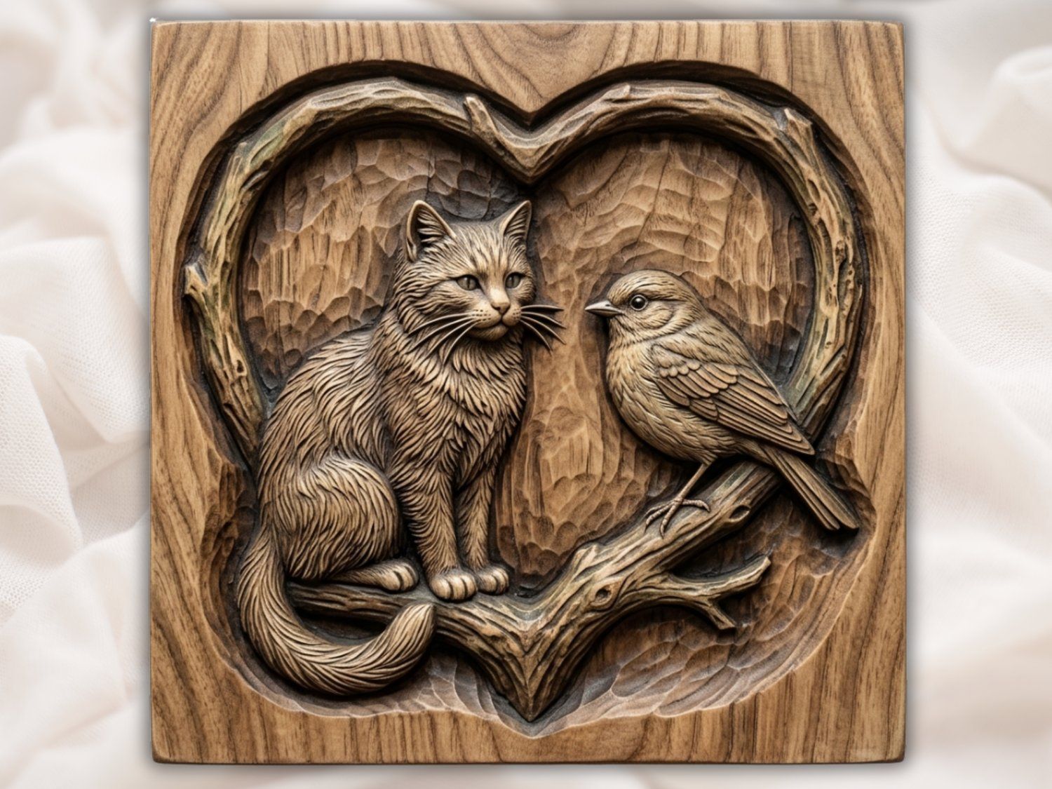 Cat and Bird Heart Nature Scene CNC Relief STL bas-relief STL — view 2