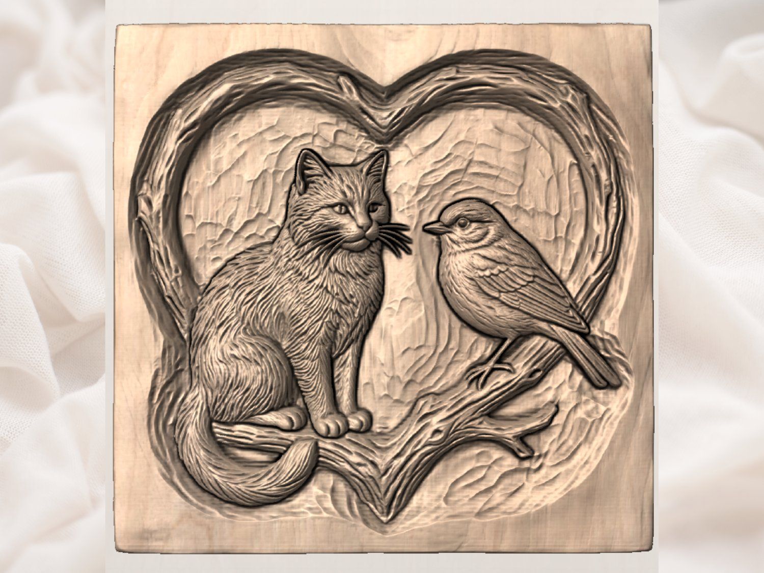 Cat and Bird Heart Nature Scene CNC Relief STL bas-relief STL — view 3
