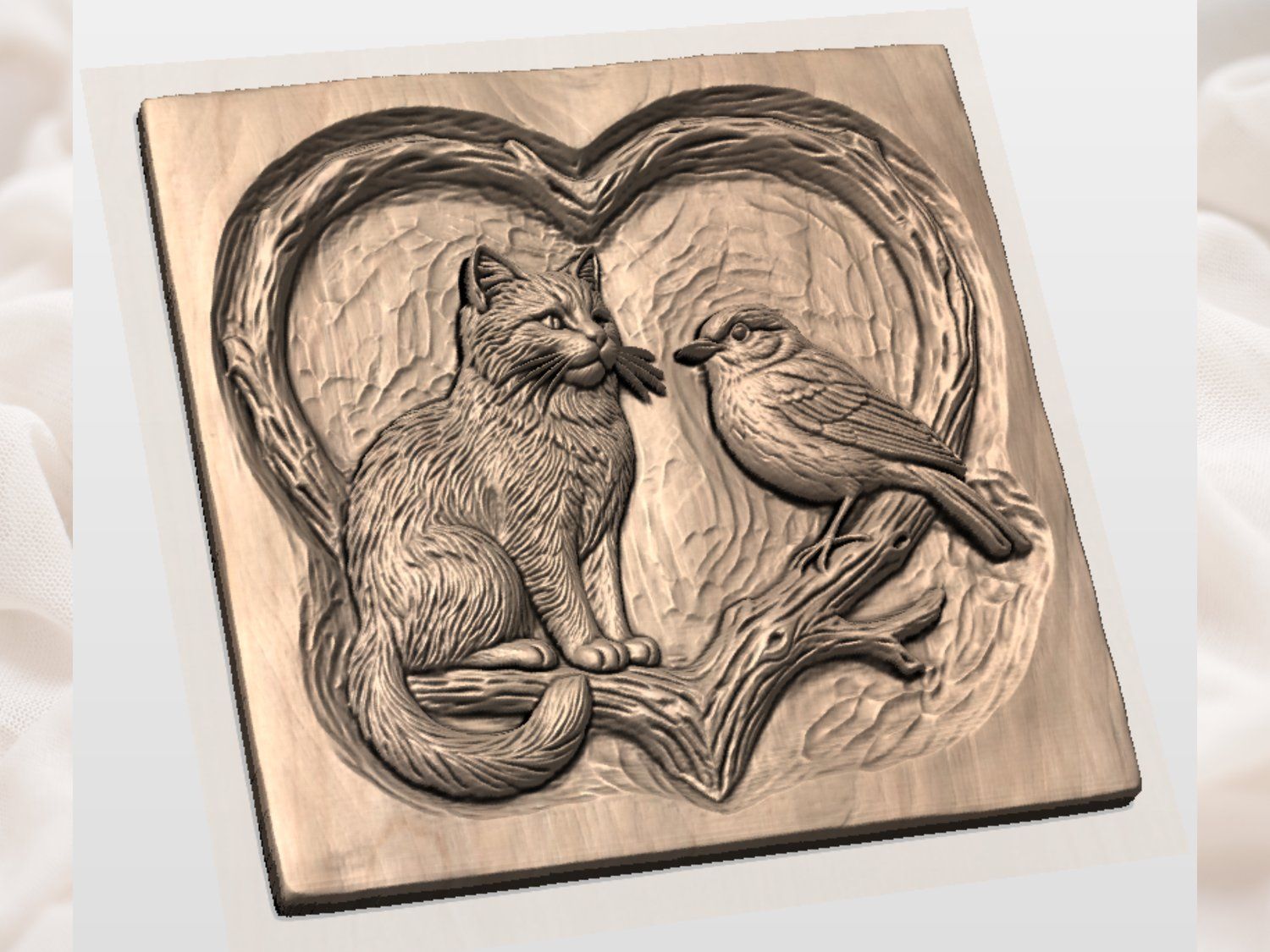 Cat and Bird Heart Nature Scene CNC Relief STL bas-relief STL — view 4