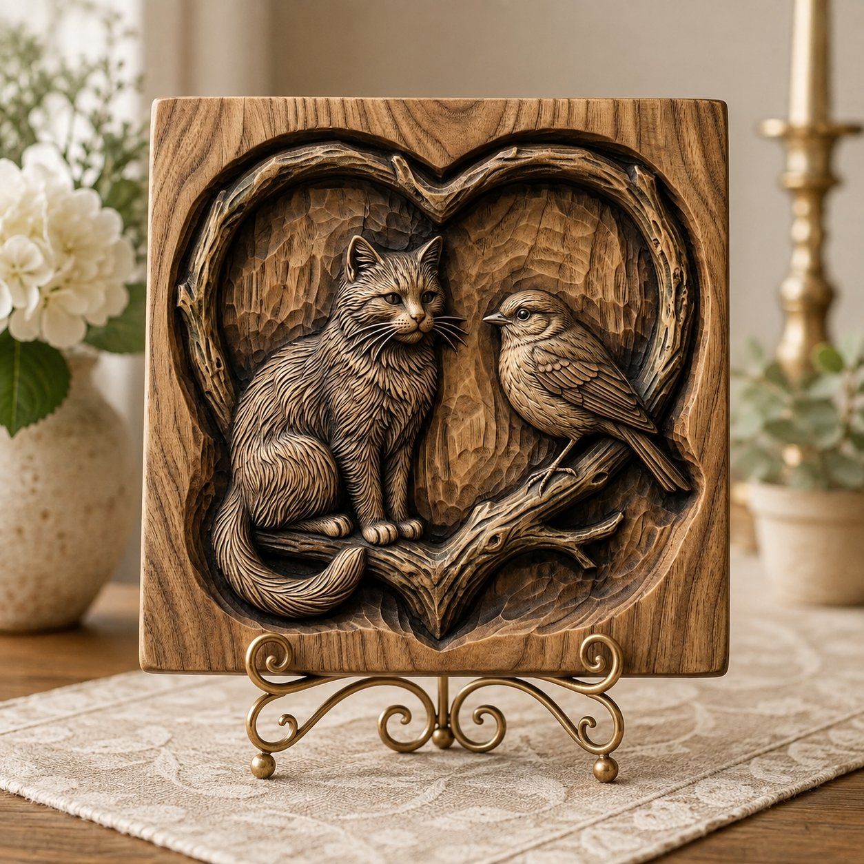 Cat and Bird Heart Nature Scene CNC Relief STL bas-relief STL — view 7