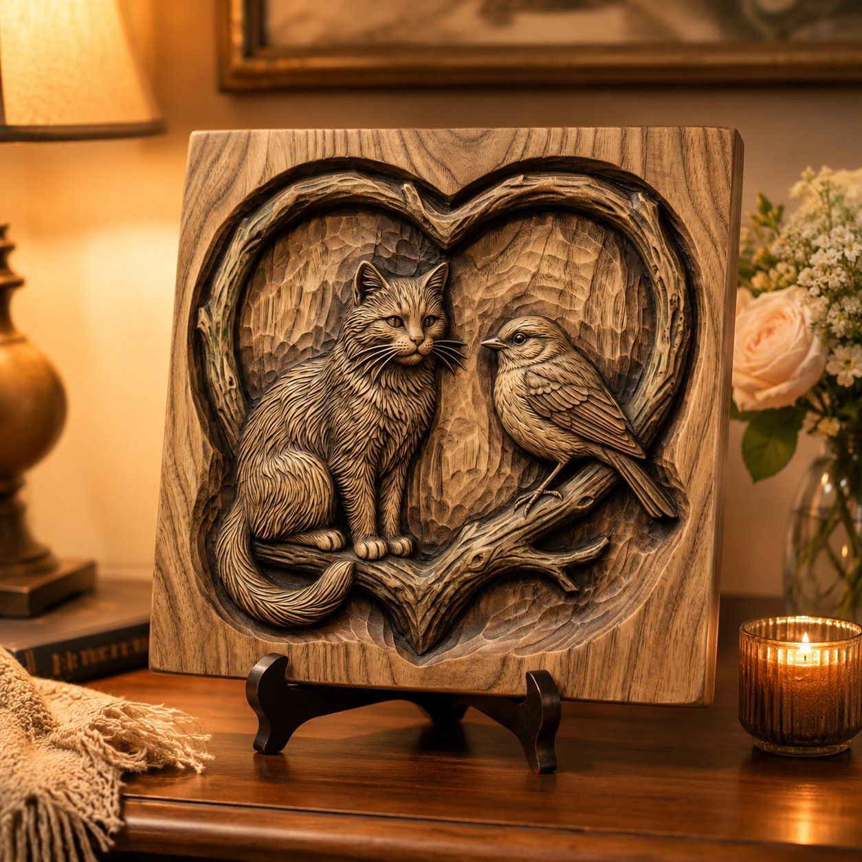 Cat and Bird Heart Nature Scene CNC Relief STL bas-relief STL — view 8
