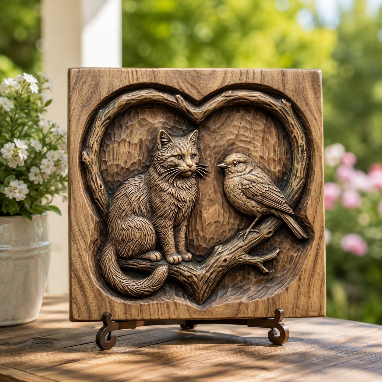 Cat and Bird Heart Nature Scene CNC Relief STL bas-relief STL — view 9