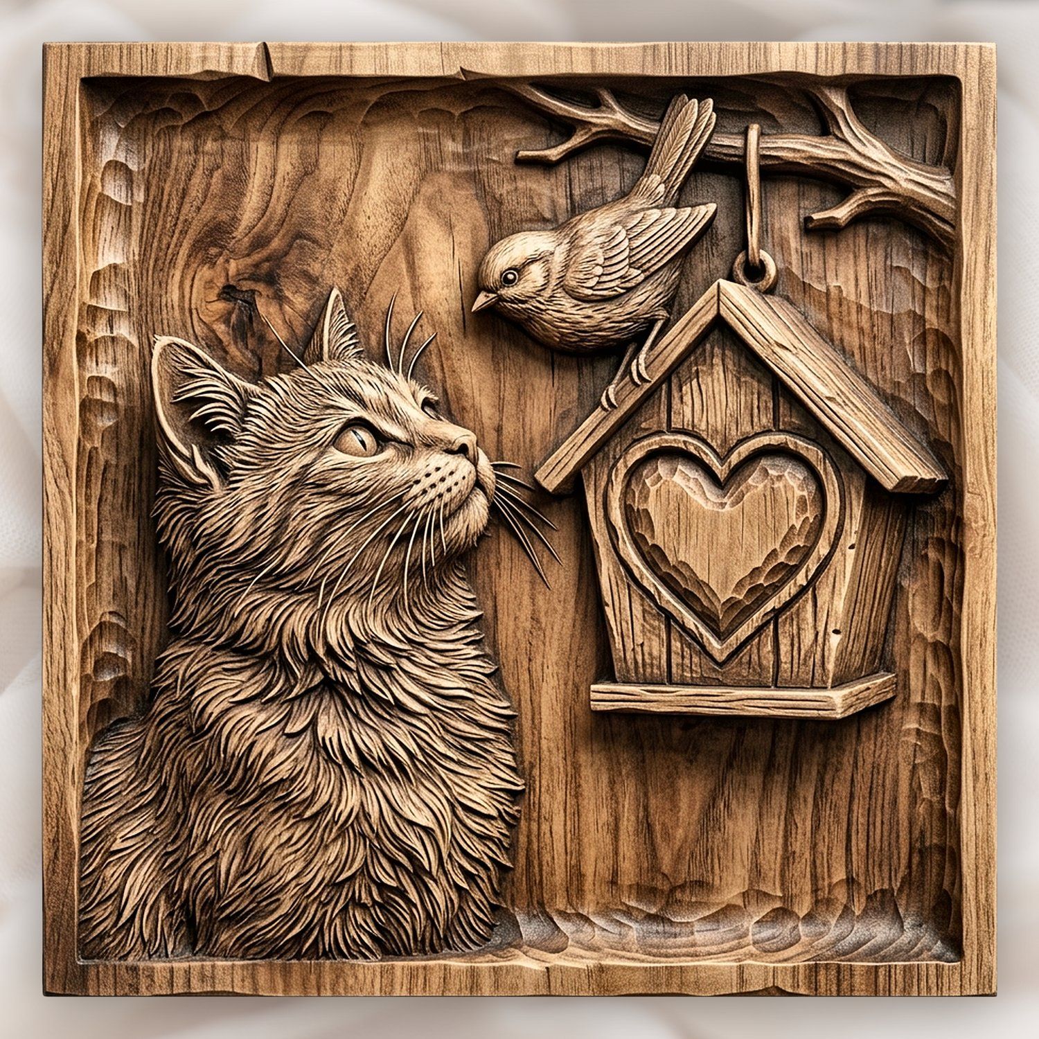 Cat and Birdhouse Heart Nature Scene CNC Relief STL bas-relief STL design