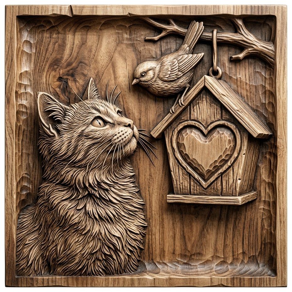 Cat and Birdhouse Heart Nature Scene CNC Relief STL bas-relief STL — view 11