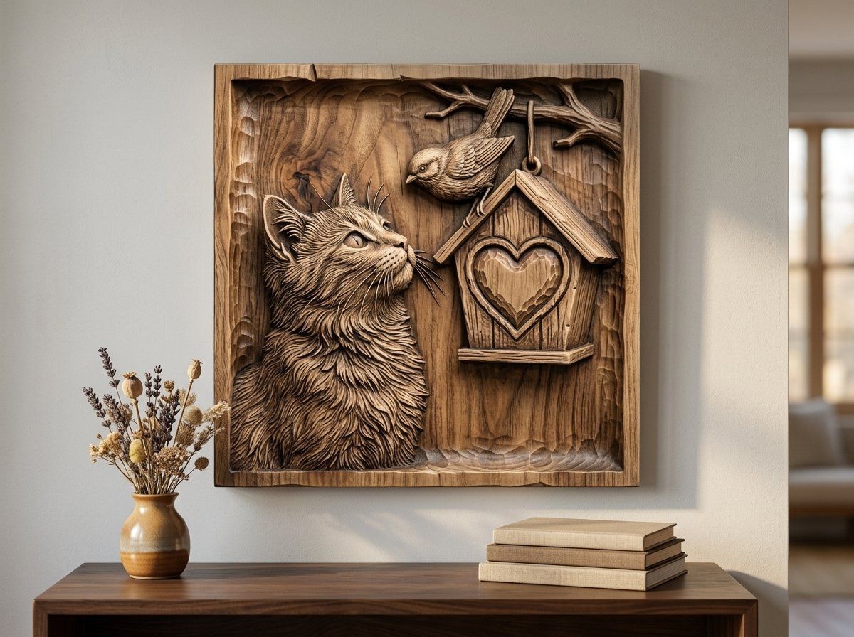 Cat and Birdhouse Heart Nature Scene CNC Relief STL bas-relief STL — view 13