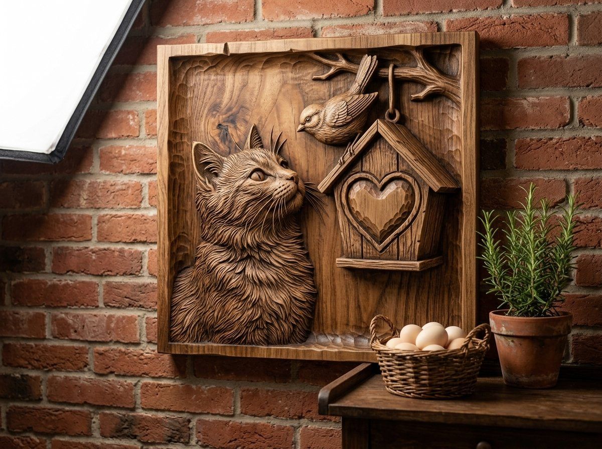 Cat and Birdhouse Heart Nature Scene CNC Relief STL bas-relief STL — view 14