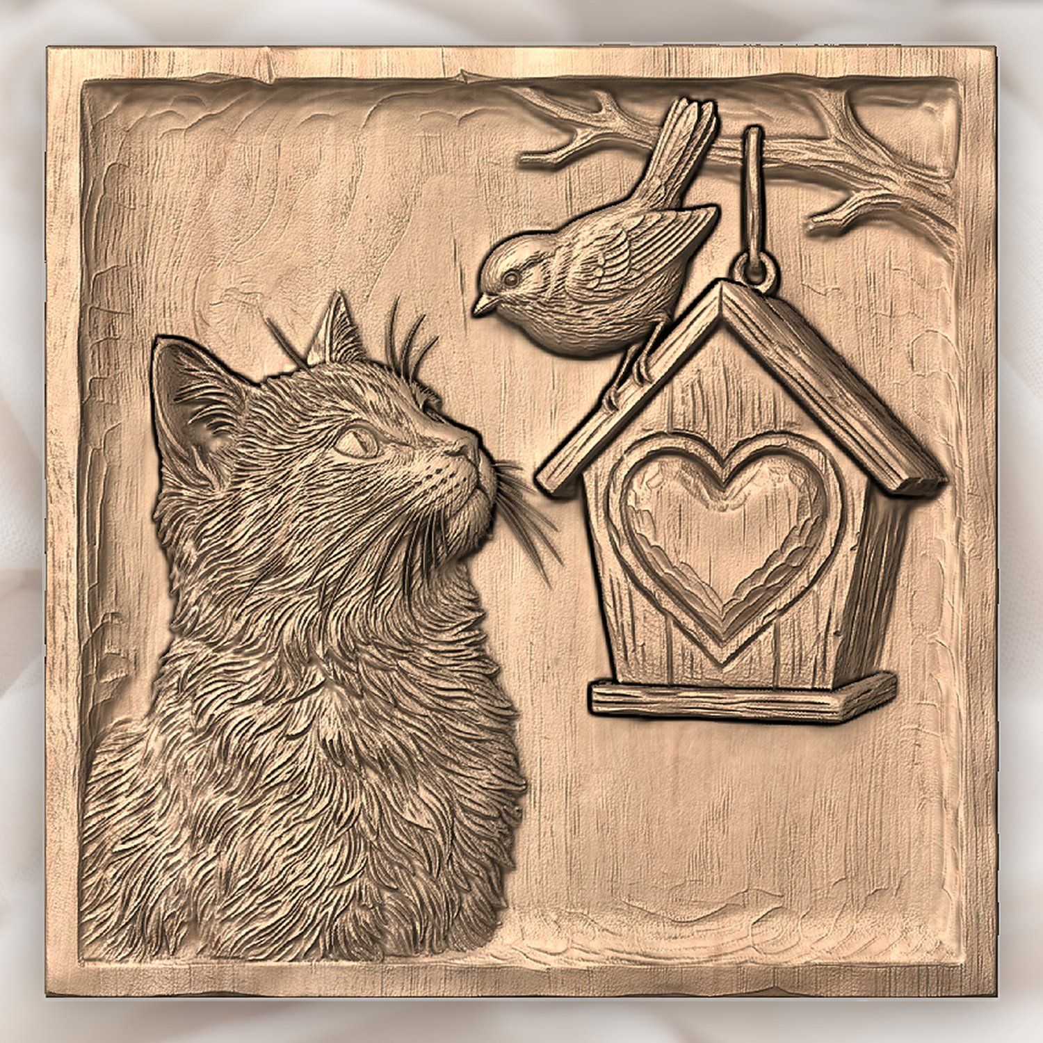 Cat and Birdhouse Heart Nature Scene CNC Relief STL bas-relief STL — view 3