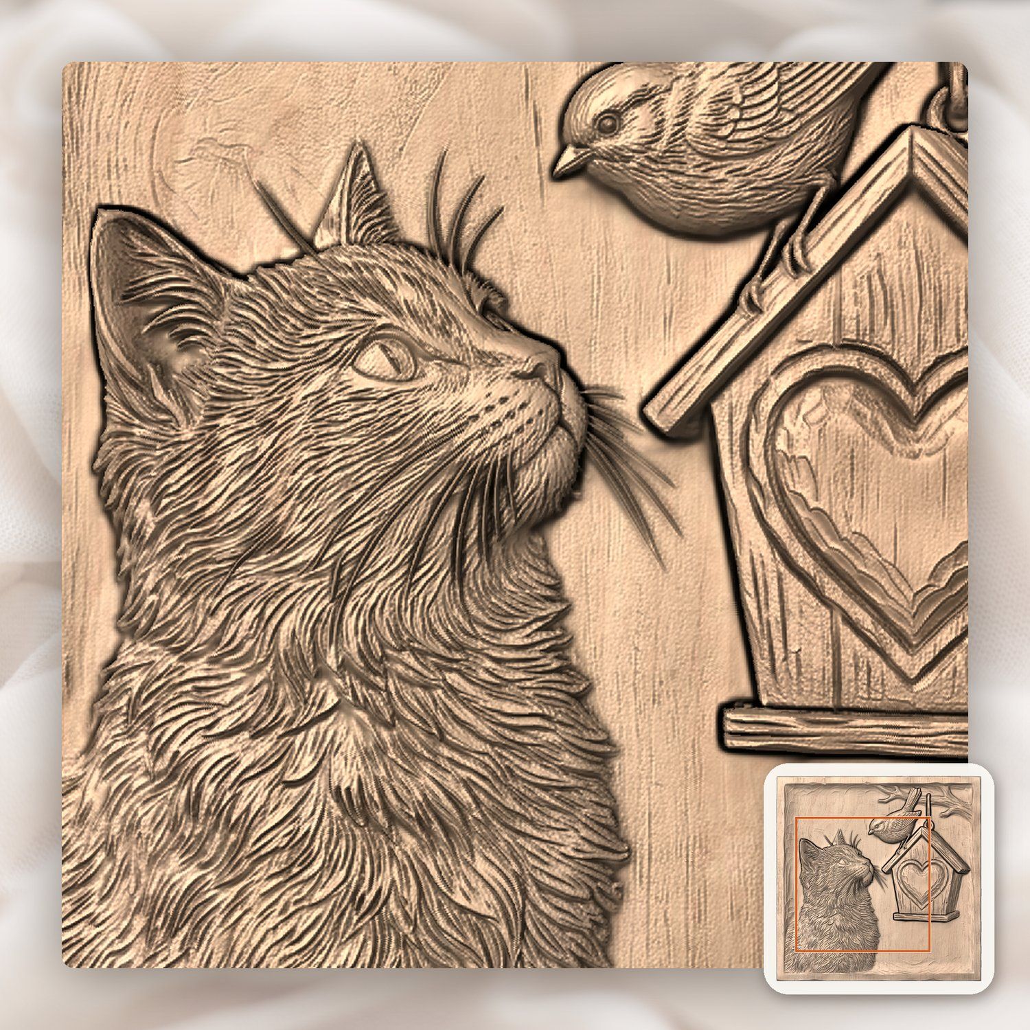 Cat and Birdhouse Heart Nature Scene CNC Relief STL bas-relief STL — view 5