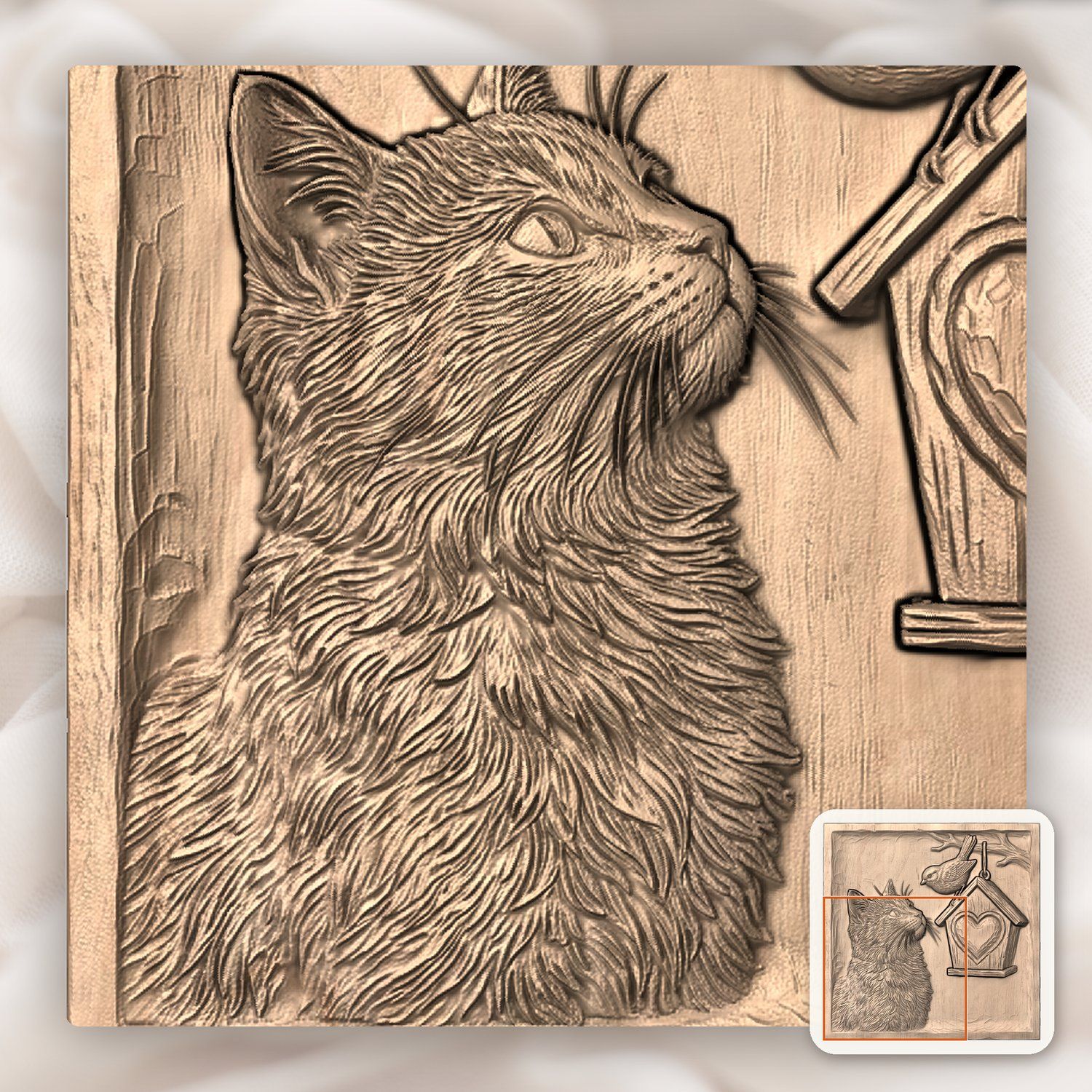 Cat and Birdhouse Heart Nature Scene CNC Relief STL bas-relief STL — view 6