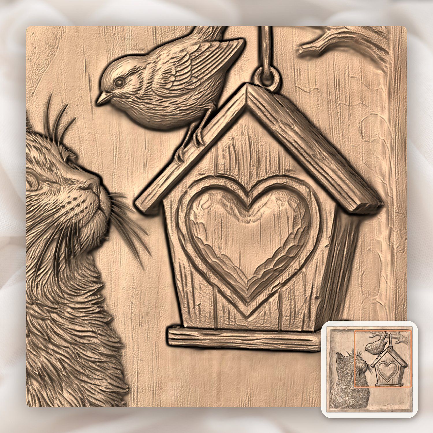 Cat and Birdhouse Heart Nature Scene CNC Relief STL bas-relief STL — view 7