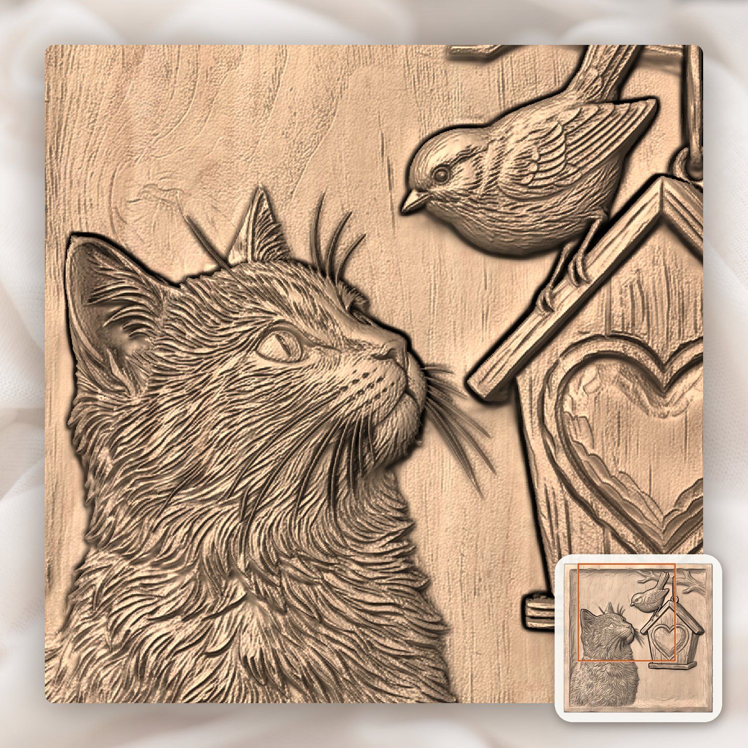 Cat and Birdhouse Heart Nature Scene CNC Relief STL bas-relief STL — view 8