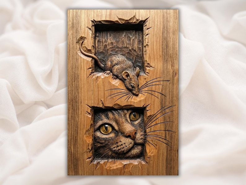 Bas-relief carving of a mouse and a cat peeking through two broken openings in a wood panel