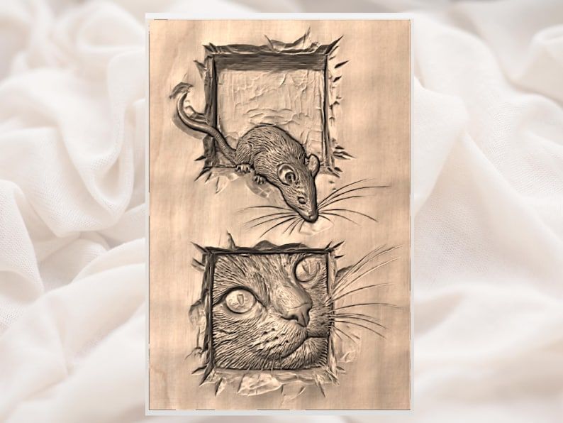 Cat and Mouse Peeking Through Broken Wood Relief STL bas-relief STL — view 2