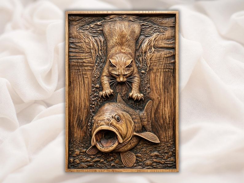 Carved wood relief of a cat pawing at a big open-mouthed fish on a river-stone background