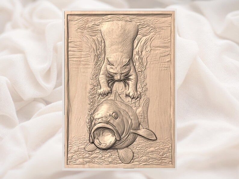 Cat Pawing a Giant Fish 3D Relief STL Wood Carving Panel bas-relief STL — view 2